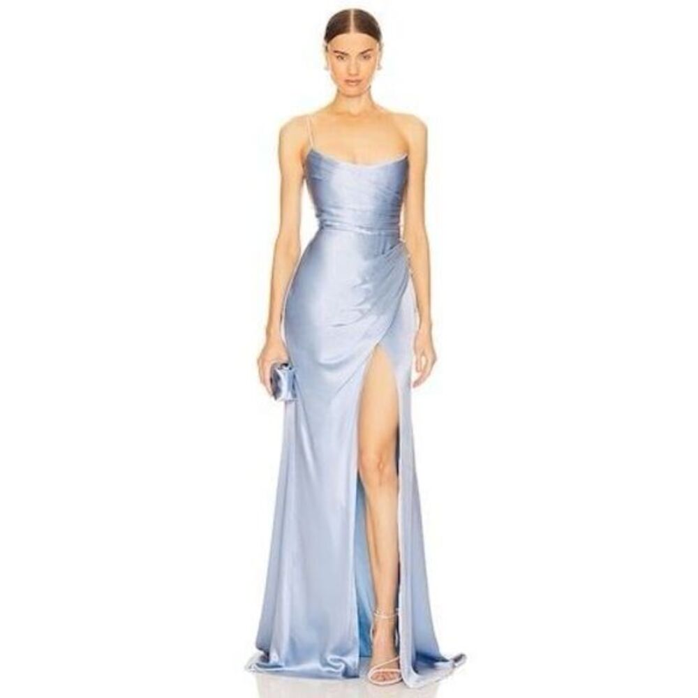NWOT Saulee Slit One Crystal Strap Pasha Satin Maxi Gown Blue Size 6
